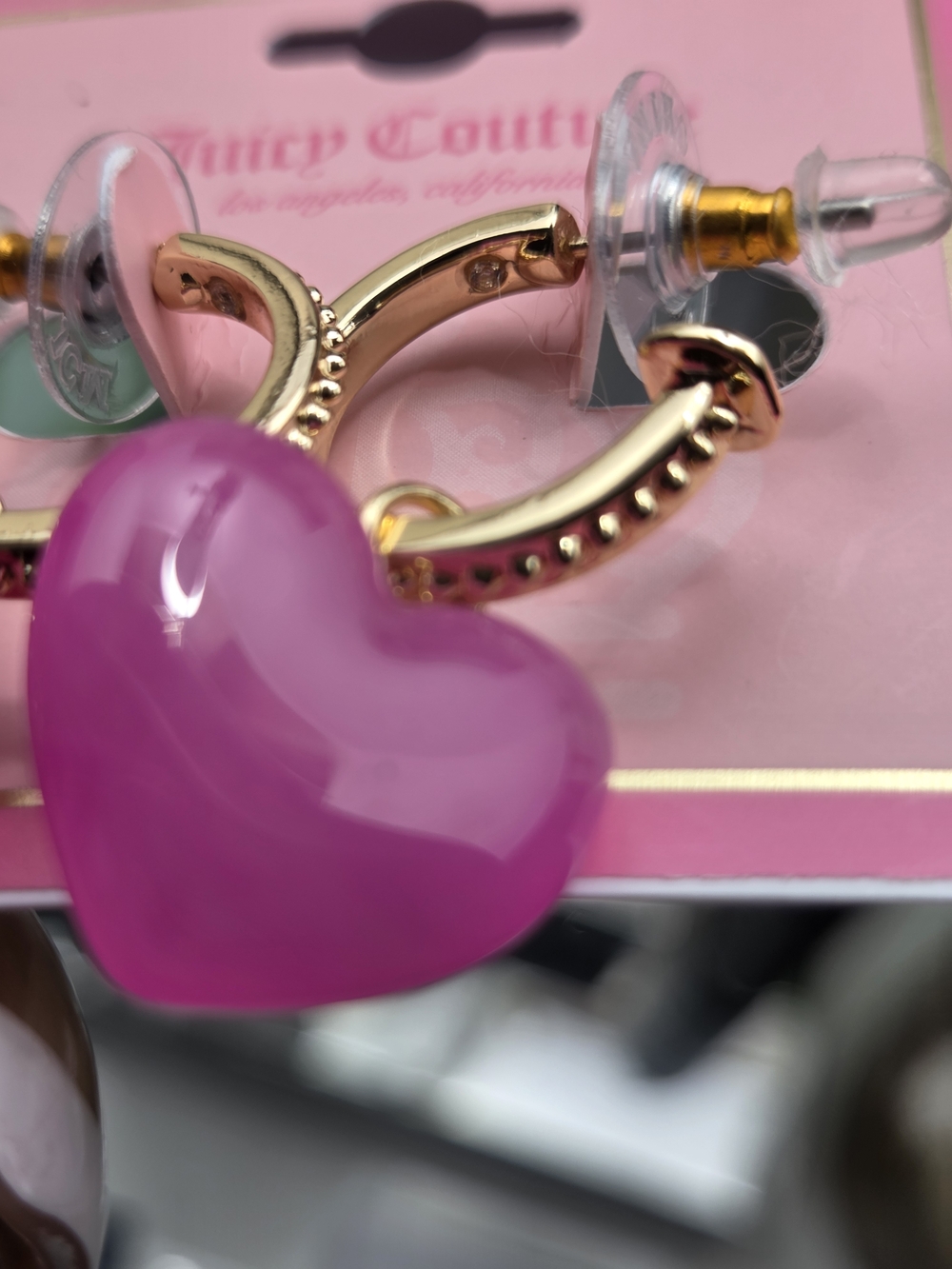 Juicy Couture Hot Pink Heart Hoop Earrings with Gold-Tone Details - Picture 4 of 4